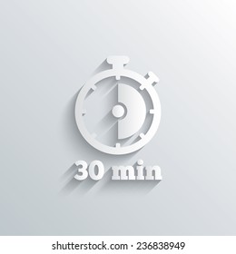Cutout paper background. Timer sign icon. 30 minutes stopwatch symbol. White poster with icon. Vector