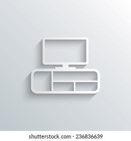 Cutout paper background. TV table sign icon. Modern furniture symbol. White poster with icon. Vector