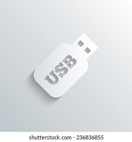 Cutout paper background. Usb Stick sign icon. Usb flash drive button. White poster with icon. Vector