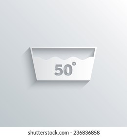 Cutout paper background. Wash icon. Machine washable at 50 degrees symbol. White poster with icon. Vector