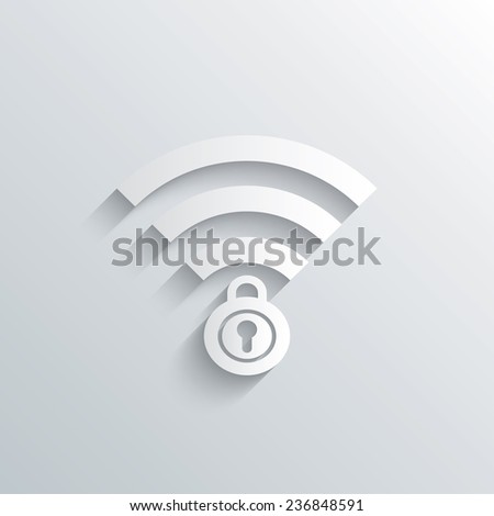 Cutout paper background. Wifi locked sign. Password Wi-fi symbol. Wireless Network icon. Wifi zone. White poster with icon. Vector
