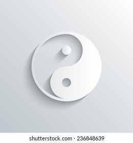 Cutout paper background. Ying yang sign icon. Harmony and balance symbol. White poster with icon. Vector