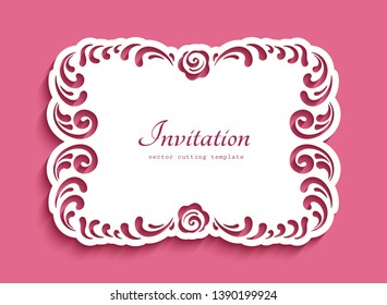 Cutout paper card with floral swirls. Ornamental lace decoration for save the date card or wedding invitation design. Vector template for laser cutting. Place for text.