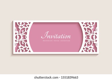 Cutout paper card with lace border pattern, vector ornamental decoration for wedding invitation card design. Laser cutting template. Place for text