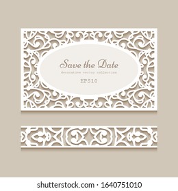 Cutout paper card and seamless border pattern. Vintage ornamental swirly decoration. Vector template for laser cutting. Elegant wedding invitation or save the date card design. Place for text