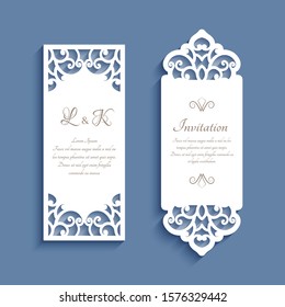 Cutout paper cards with lace border patterns, vector ornamental decoration, elegant wedding invitation card design. Laser cutting template. Place for text