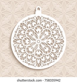 Cutout paper Christmas ball on ornamental beige background, vector decoration for laser cutting or wood carving, eps10