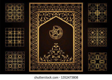 Cut-out paper decoration for the laser. A set of templates for openwork covers, cards, invitations, window frames, privacy panel. Traditional arabic floral pattern design, border, frame. Empty