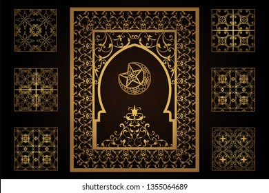 Cut-out paper decoration for the laser. A set of templates for openwork covers, cards, invitations, window frames, privacy panel. Traditional arabic floral pattern design, border, frame. Empty