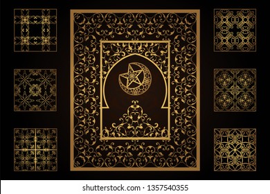 Cut-out paper decoration for the laser. A set of templates for openwork covers, cards, invitations, window frames, privacy panel. Traditional arabic floral pattern design, border, frame. Empty