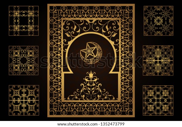 Cut-out paper decoration for the laser. A set of\
templates for openwork covers, cards, invitations, window frames,\
privacy panel. Traditional arabic floral pattern design, border,\
frame. Empty