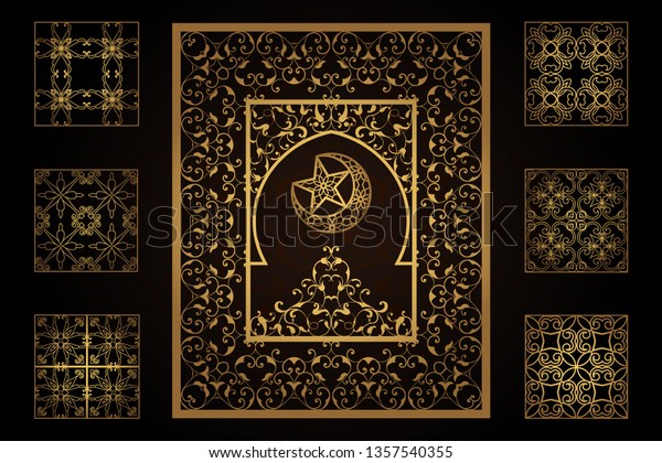 Cut-out paper decoration for the laser. A set of\
templates for openwork covers, cards, invitations, window frames,\
privacy panel. Traditional arabic floral pattern design, border,\
frame. Empty