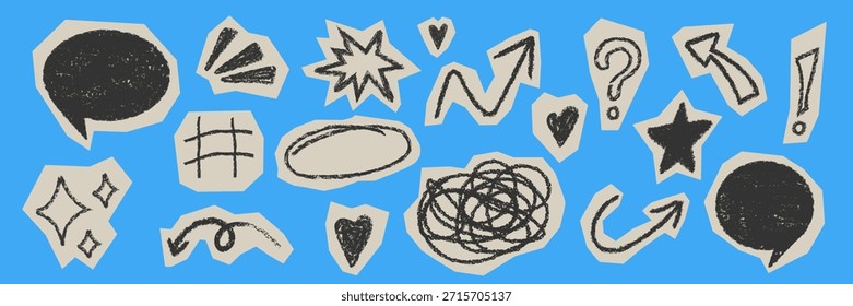 Cutout paper doodle graphics. Rough comic highlight elements. Crayon texture abstract set. Expressive sketch shapes. Textured chalk speech bubbles hearts scribbles for collage poster social media