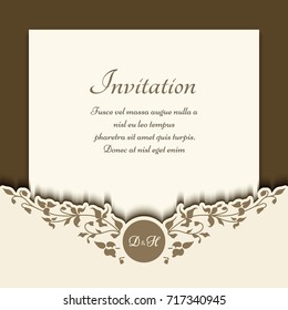 Cutout paper frame with floral border pattern, flourish vignette, laser cut decoration, save the date card or wedding invitation template, vector eps10