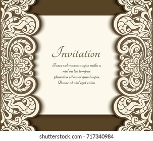 Cutout paper frame with floral border pattern, laser cut decoration, save the date card or wedding invitation template, vector eps10