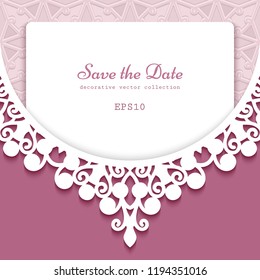Cutout paper frame with lace border ornament. Wedding invitation or save the date card template with place for text. Vector decoration for laser cutting.