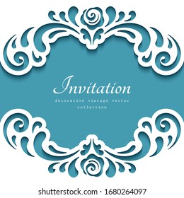 Cutout paper frame with lace border pattern. Swirly vector template for laser cutting. Elegant wedding invitation card design with curly floral decoration. Place for text.