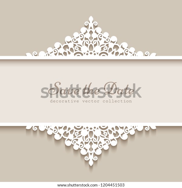 Cutout paper frame with lace border ornament.\
Vector decoration for save the date card or wedding invitation.\
Template for laser\
cutting.