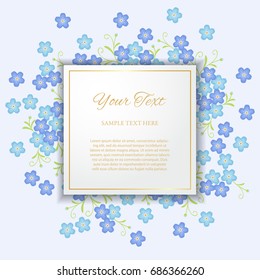 Cutout paper frame with shadow on floral background. Vintage square figure frame with golden borders. Laser cut 3d design. Forget-me-not blue background with retro styled label. Vector illustration.