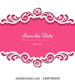 Cutout paper frame with swirly lace borders. Vector template for laser cutting or plotter printing. Elegant decoration for wedding invitation or save the date card design. Place for text.