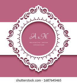 Cutout paper frame with swirly lace border. Belly band decoration. Vintage vector template for laser cutting or plotter printing. Elegant ornament for wedding invitation card design. Place for text svg