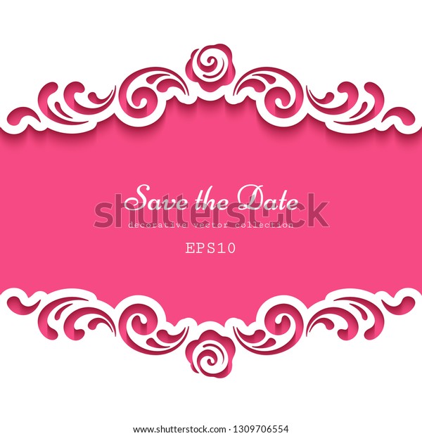 Cutout paper frame with swirly lace borders. Vector\
template for laser cutting or plotter printing. Elegant decoration\
for wedding invitation or save the date card design. Place for\
text.