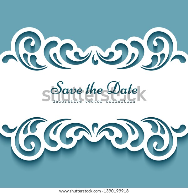Cutout paper frame with swirly lace borders. Vector\
template for laser cutting or plotter printing. Elegant decoration\
for wedding invitation or save the date card design. Place for\
text.