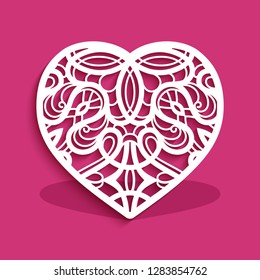 Cutout paper heart with lace ornament on pink background, vector template for laser cutting, elegant stencil decoration for wedding invitation or valentine's day greeting card