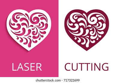 Cutout paper heart silhouette, decorative floral element, curly vector pattern for laser cutting or wood carving, elegant stencil swirls design, eps10