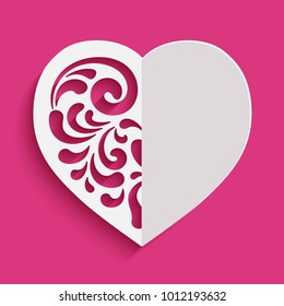 Cutout paper heart silhouette with floral swirls, vector decorative pattern for laser cutting or wood carving, elegant Valentine's Day card design, eps10