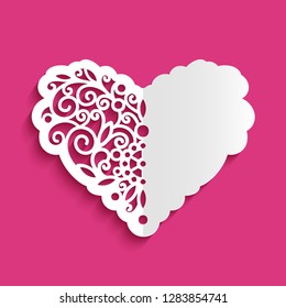 Cutout paper heart with swirly pattern, elegant wedding invitation or valentine's day greeting card design, vector template for laser cutting, eps10