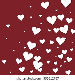Cutout paper hearts. Abstract random scatter with cutout paper hearts on wine red background. Vector illustration.