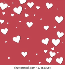 Cutout paper hearts. Abstract scattered pattern on crimson background. Vector illustration.