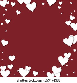 Cutout paper hearts. Bordered frame with cutout paper hearts on wine red background. Vector illustration.
