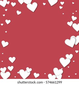 Cutout paper hearts. Bordered frame on crimson background. Vector illustration.