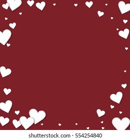 Cutout paper hearts. Corner frame with cutout paper hearts on wine red background. Vector illustration.