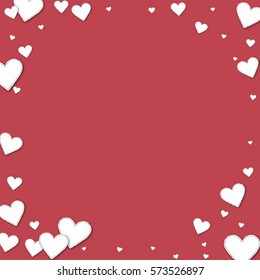 Cutout paper hearts. Corner frame on crimson background. Vector illustration.