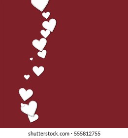 Cutout paper hearts. Left wave with cutout paper hearts on wine red background. Vector illustration.