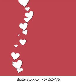 Cutout paper hearts. Left wave on crimson background. Vector illustration.