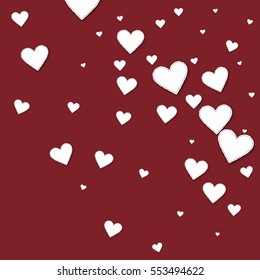 Cutout paper hearts. Random gradient scatter with cutout paper hearts on wine red background. Vector illustration.