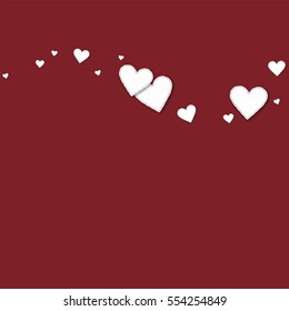 Cutout paper hearts. Top wave with cutout paper hearts on wine red background. Vector illustration.