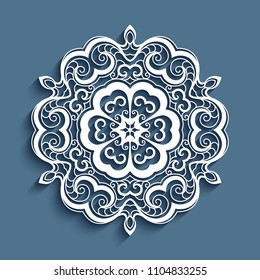 Cutout paper lace doily, decorative snowflake, mandala circle ornament, round vector pattern, eps10