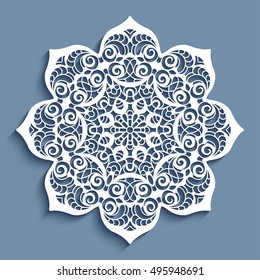 Cutout paper lace doily, decorative snowflake, mandala circle ornament, laser cut round pattern, vector eps10