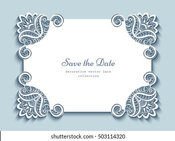 Cutout paper lace frame, elegant vector greeting card or wedding invitation template, eps10