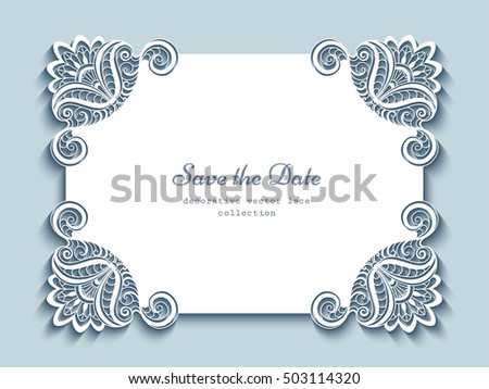 Cutout paper lace frame, elegant vector greeting card or wedding invitation template, eps10