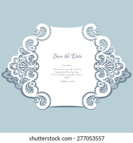 Cutout paper lace frame, greeting card, save the date or wedding invitation template, vector illustration