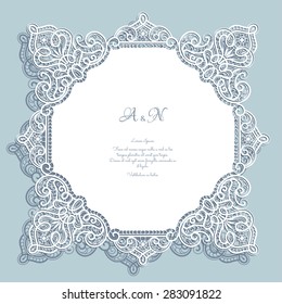 Cutout paper lace, square frame, greeting card or wedding invitation template, vector illustration