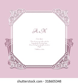 Cutout paper lace, square frame, greeting card or wedding invitation template, vector illustration