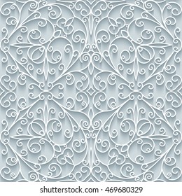 Cutout paper lace texture, swirly vector ornament, seamless pattern in neutral color, eps10