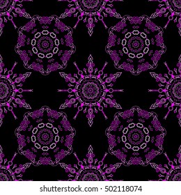 Cutout paper lace texture, vector tulle background, swirly seamless pattern in purple colors.